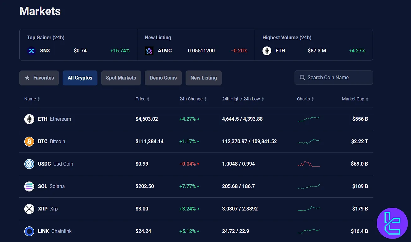 Dex-Trade crypto market overview with prices and changes
