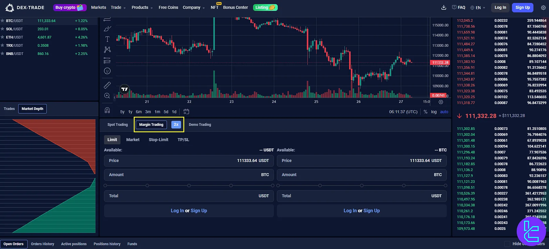 Dex-Trade margin trading tab highlighted