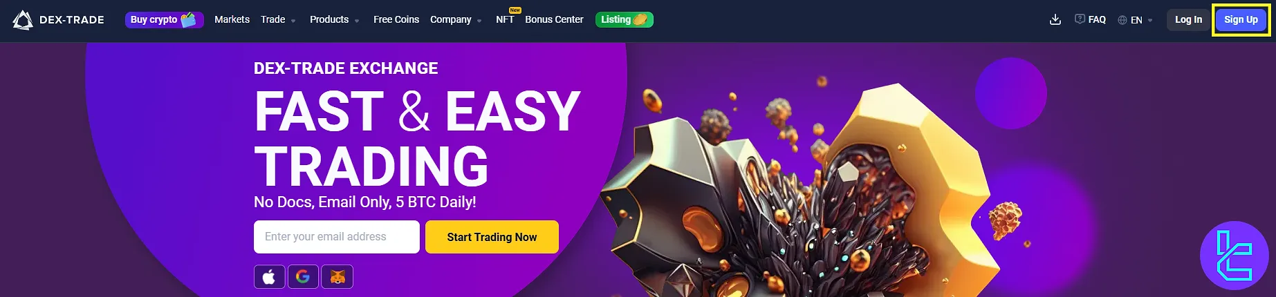 Dex-Trade homepage with sign up button highlighted
