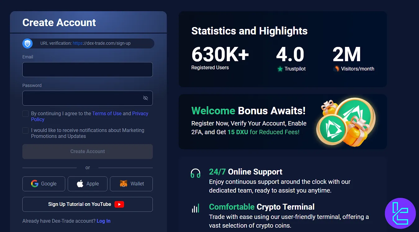 Dex-Trade account creation page with platform statistics