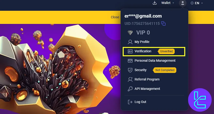 Dex-Trade account menu showing unverified status