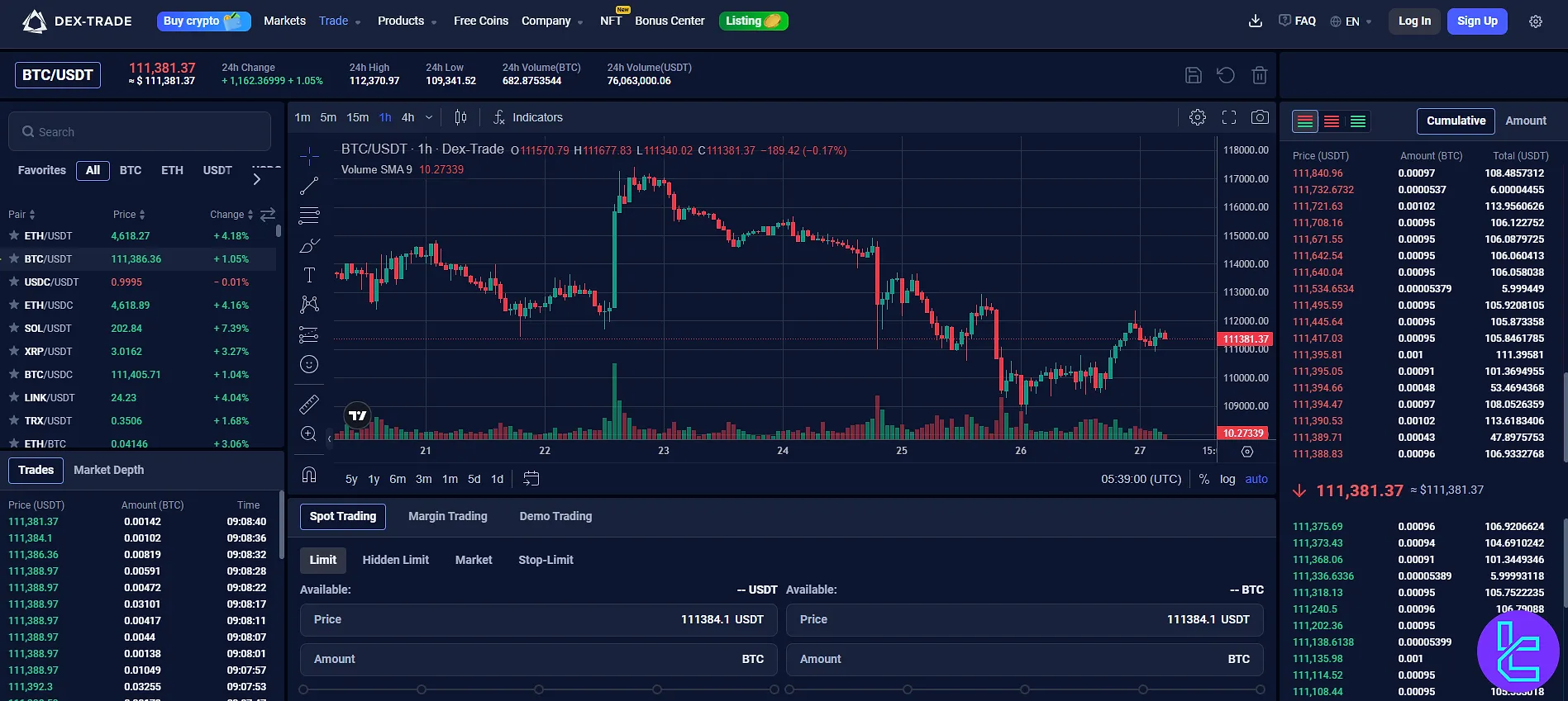 Dex-Trade trading interface with BTCUSDT chart