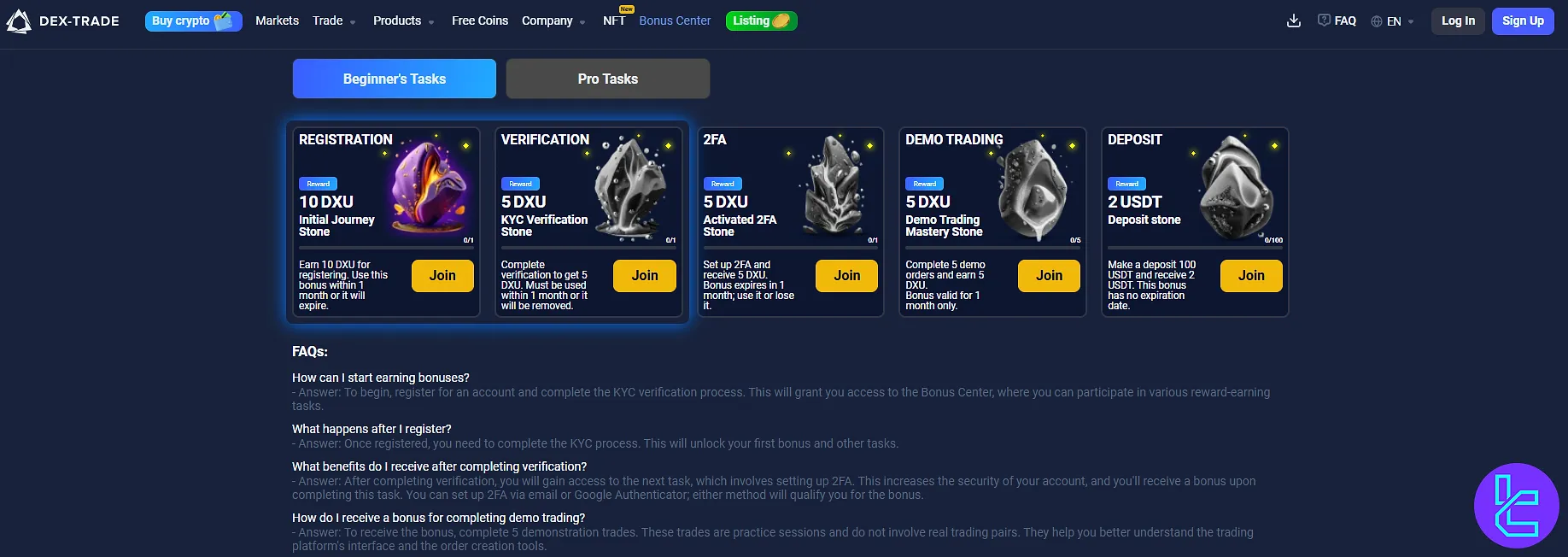 Dex-Trade beginner bonus tasks list