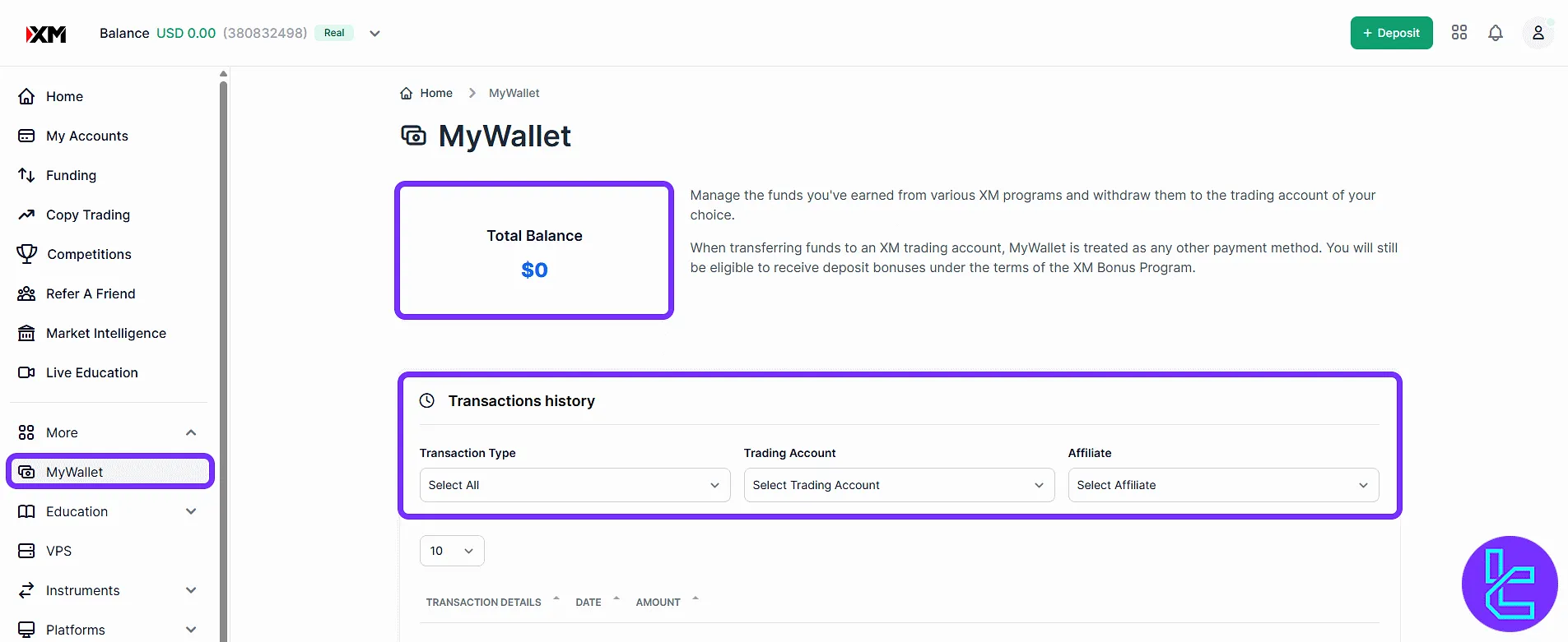 XM Group trading panel wallet balance and history view