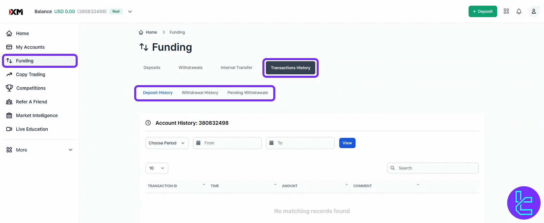 XM Group trading cabinet finance section with transaction filters
