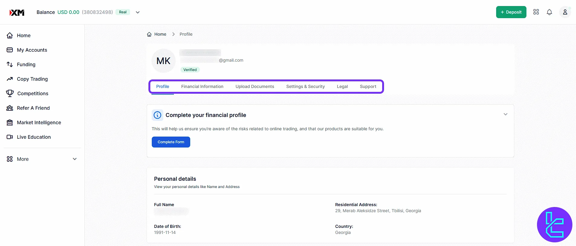 XM Group trading cabin user profile tabs for identity and settings