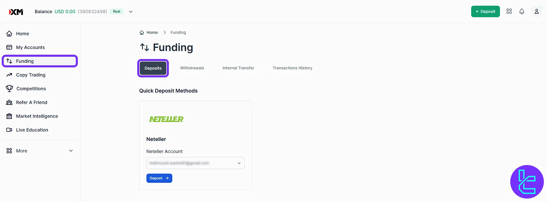 XM Group trading panel top-up screen with quick funding tools