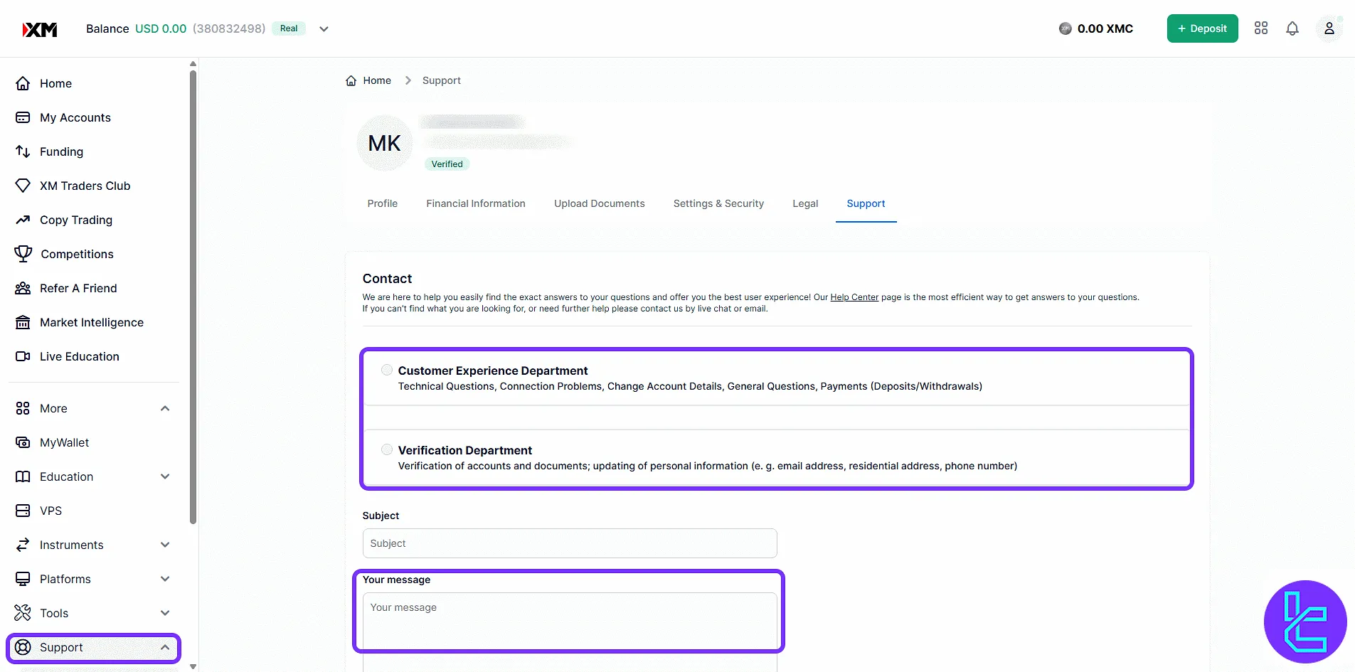 XM Group trading cabin customer support form by issue type