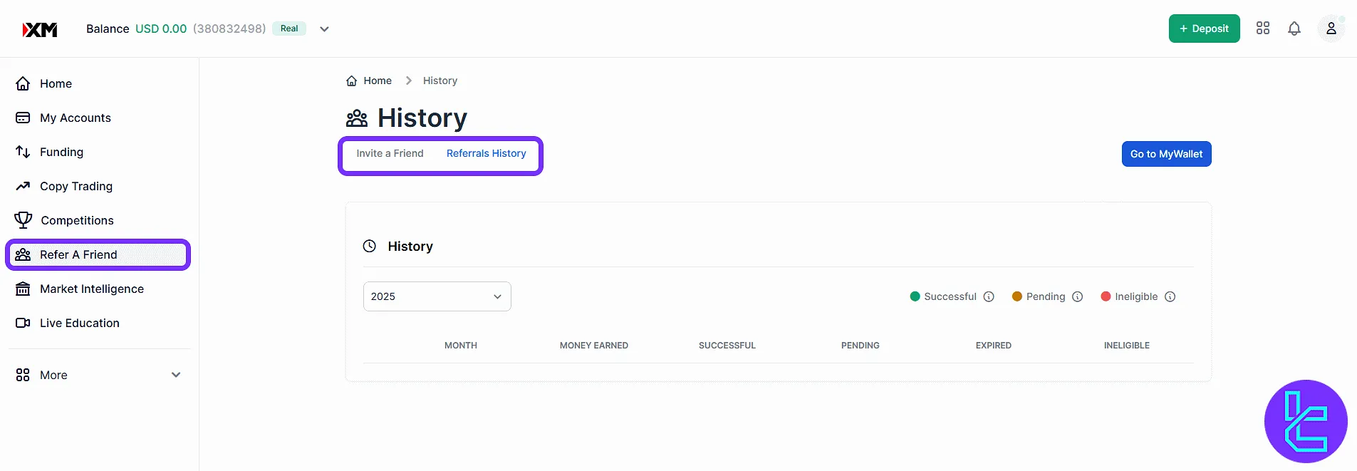 XM trading panel referral program with earnings log