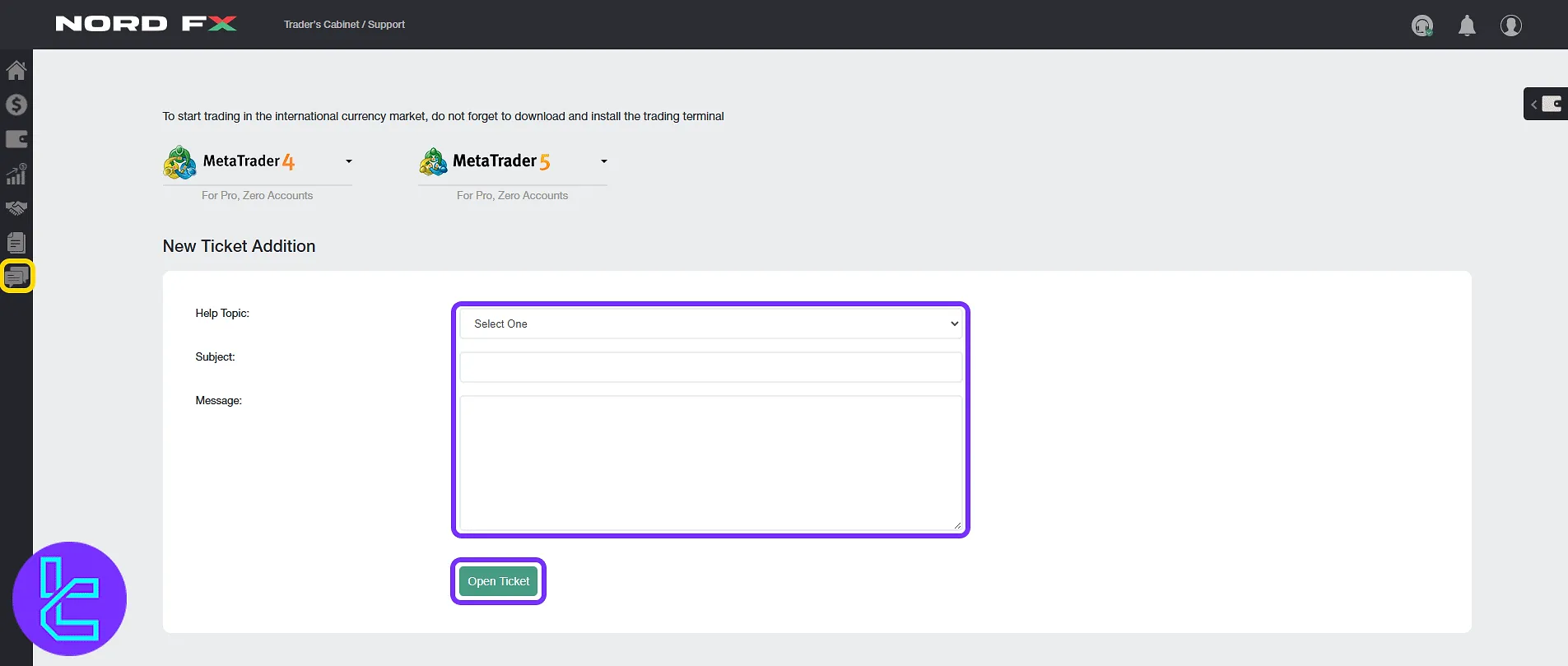NordFX support center with ticket form panel