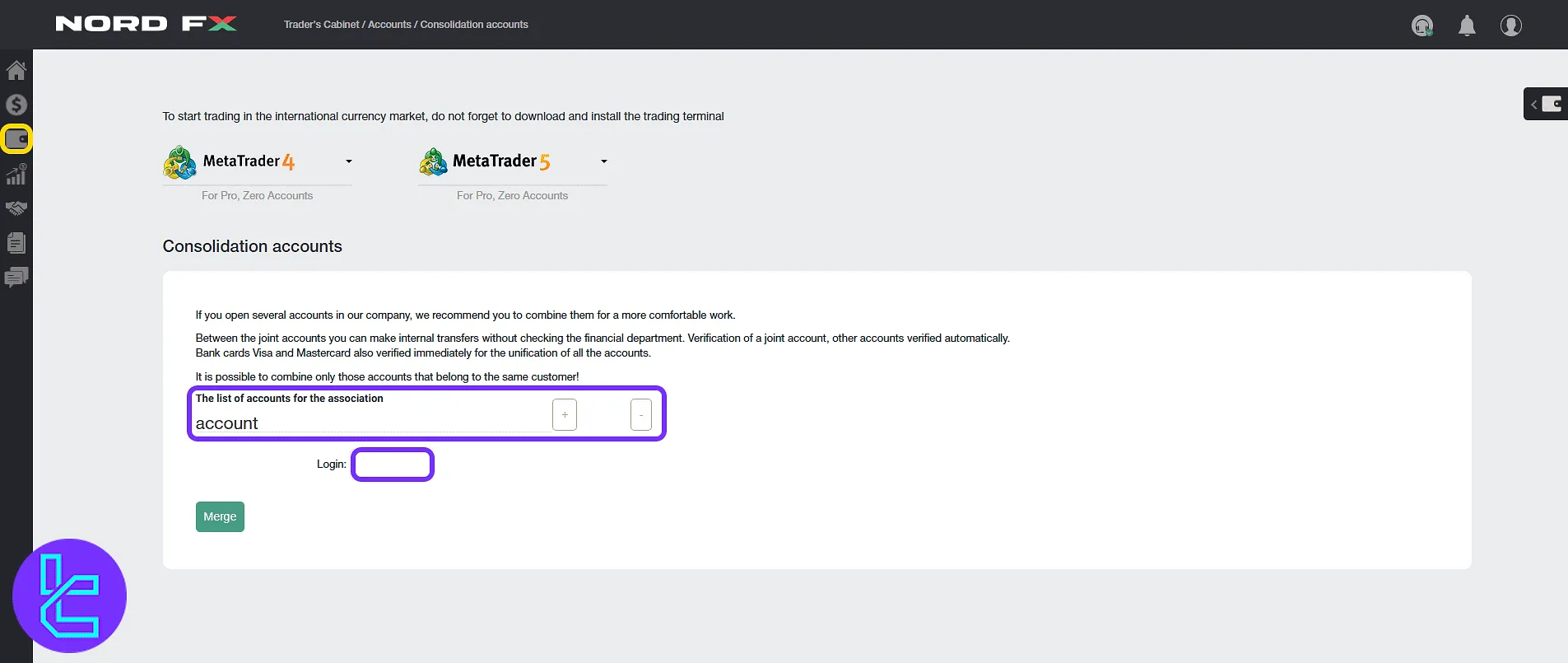 NordFX account consolidation tool and input form in the trading panel