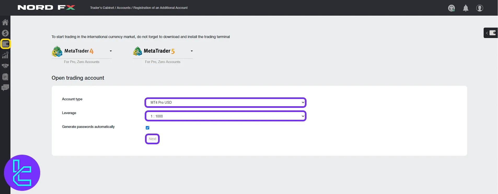 NordFX account creation screen with leverage and account type selector in the trading cabin