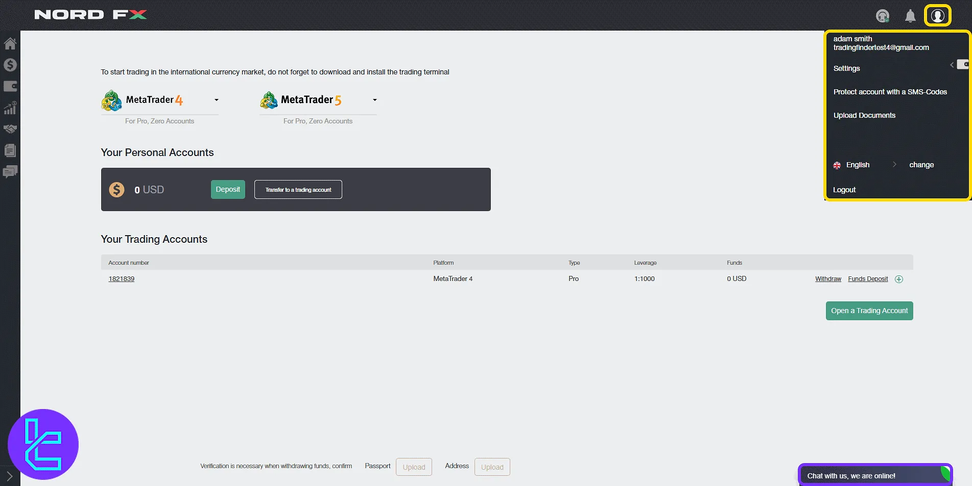 NordFX panel profile dropdown with language and security options