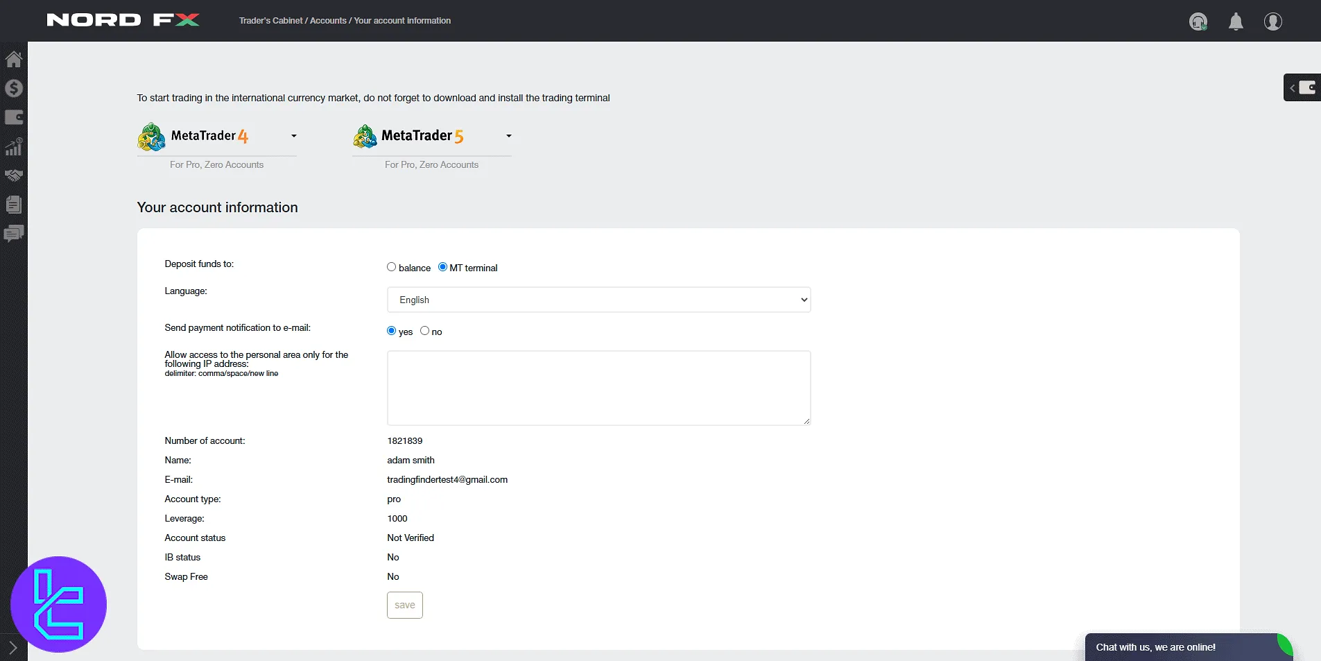 NordFX trading settings and user configuration panel