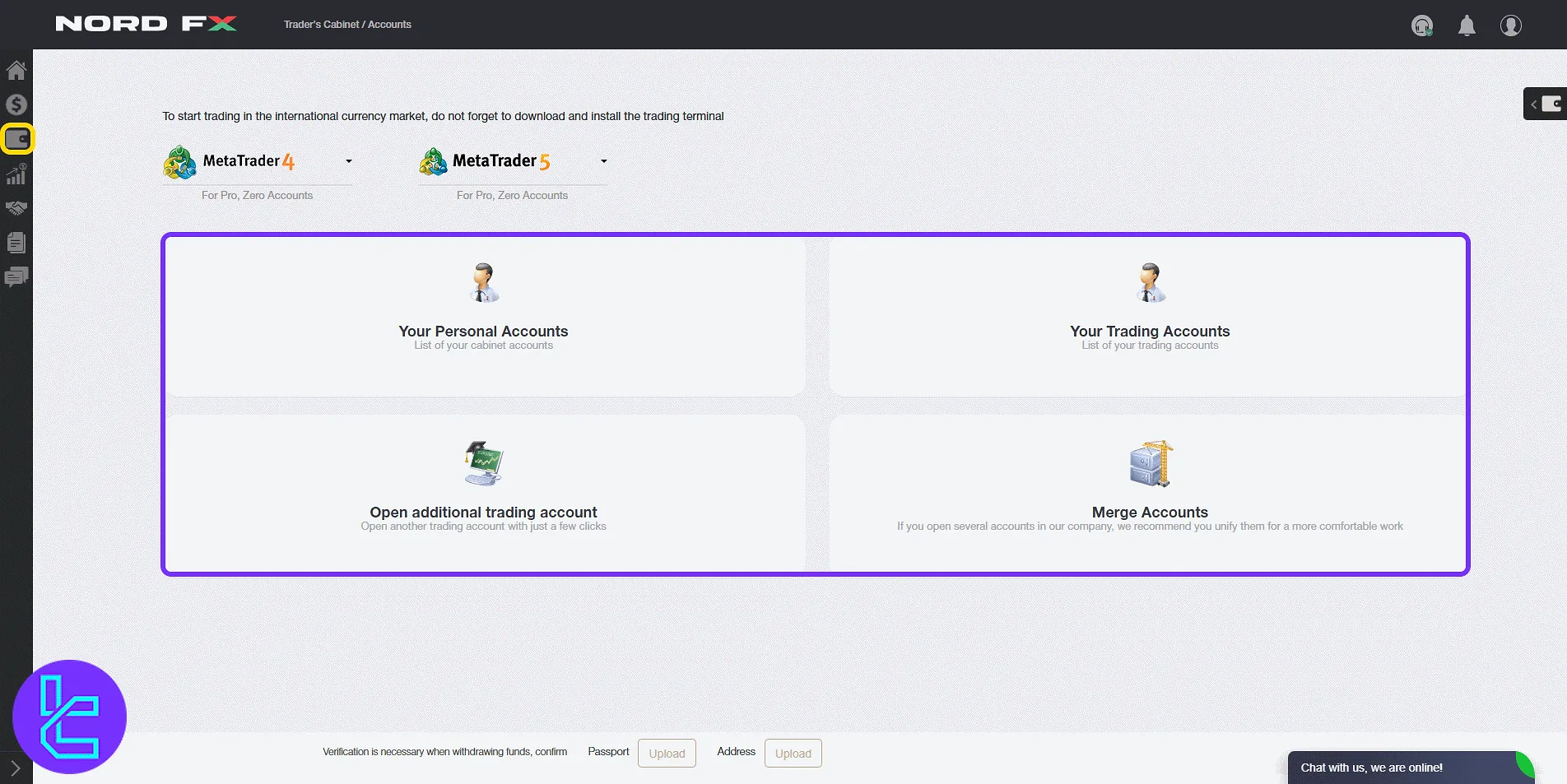 NordFX trading and wallet account list and merge tools in the trading panel