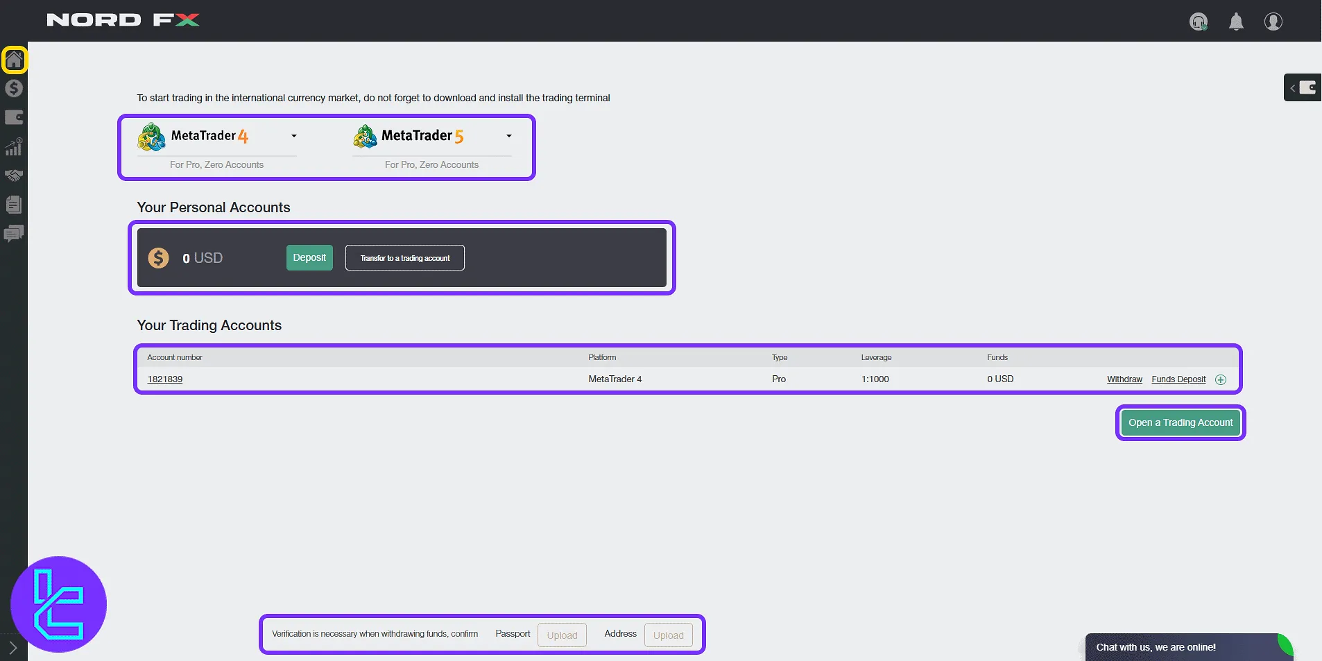 NordFX trading cabin with MetaTrader access and wallet overview