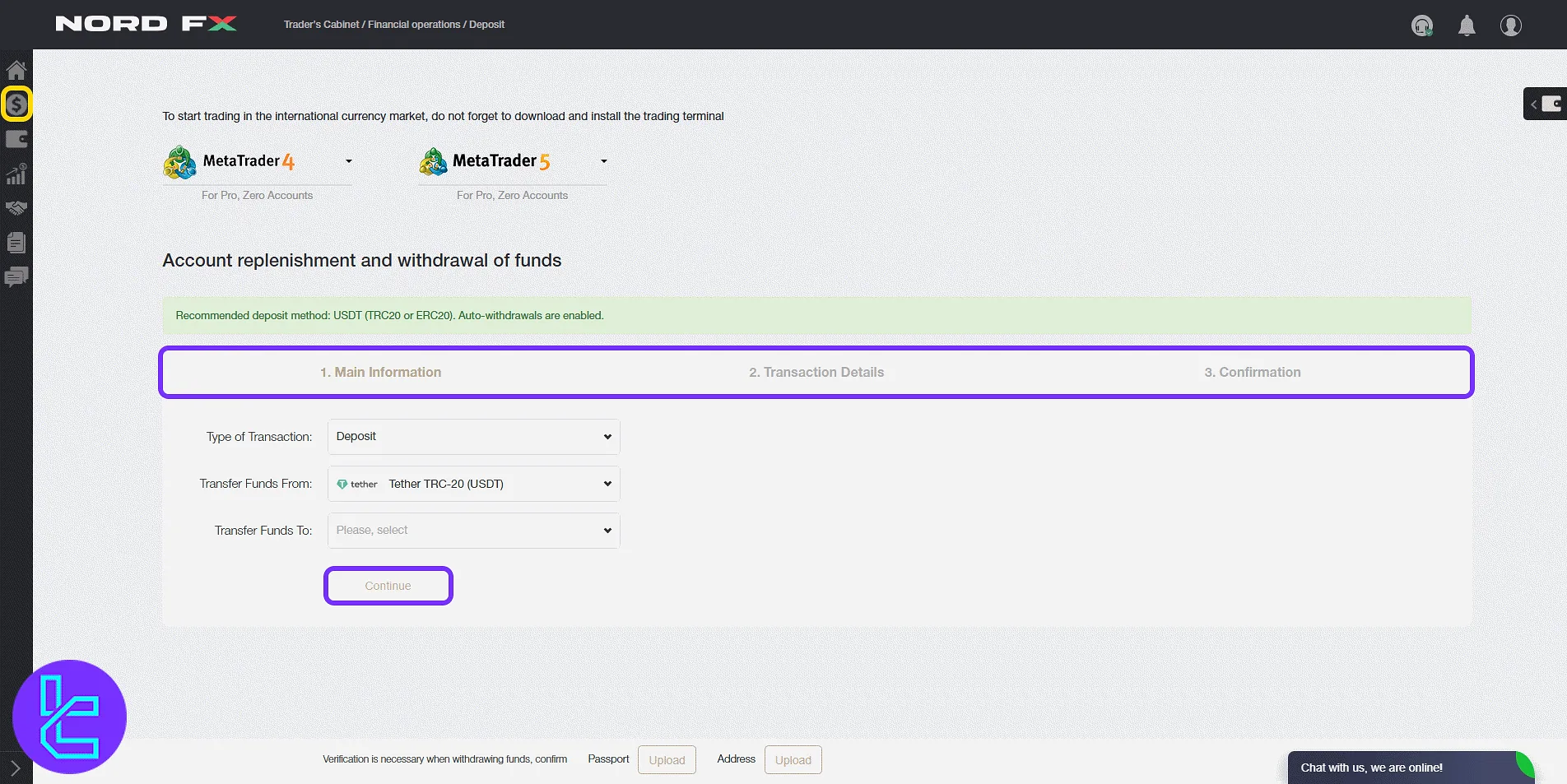 NordFX deposit form and funding procedure section on the trading cabin