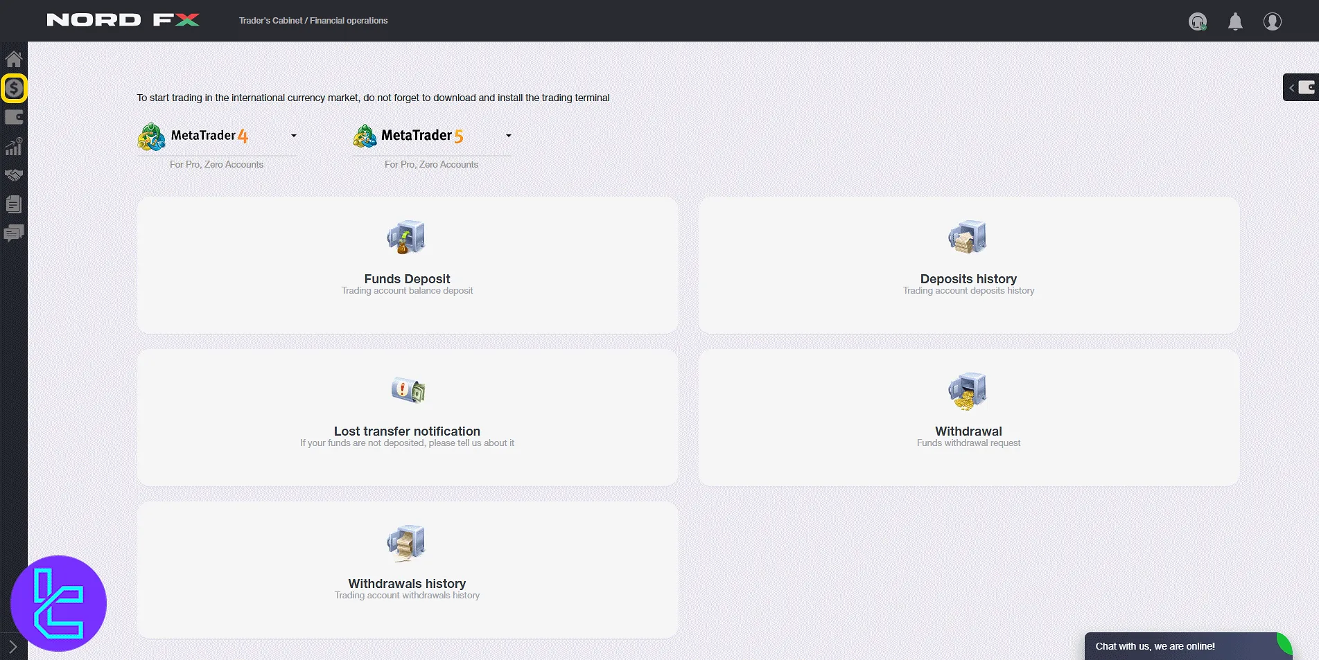 NordFX finance center with deposit and withdrawal tools