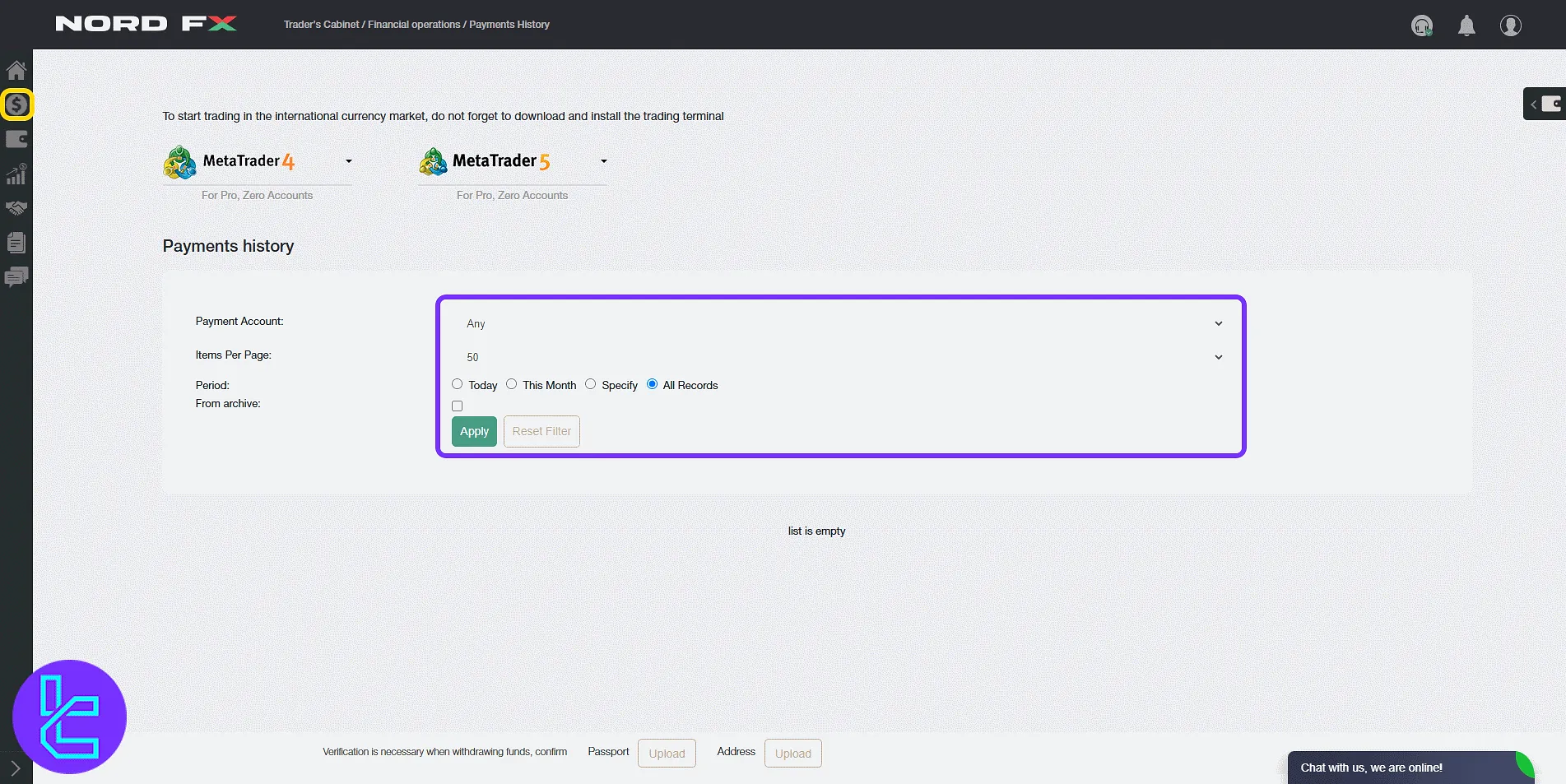 NordFX panel for transaction history review and export