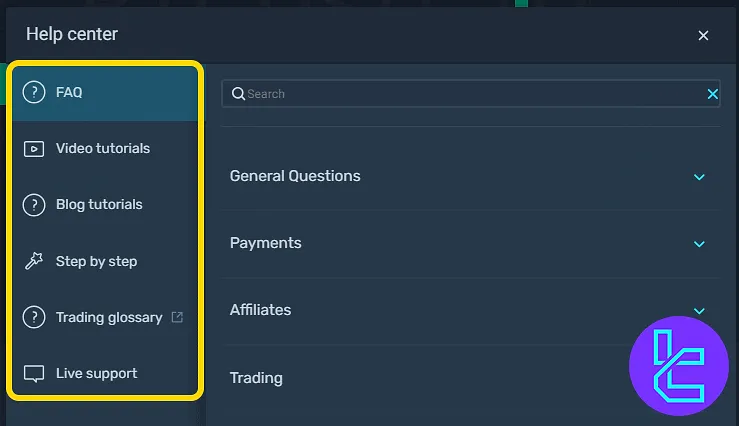 SimpleFX help panel with learning and support tools