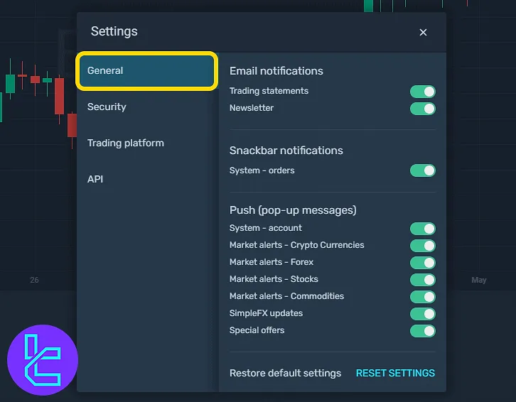 SimpleFX trading cabin general settings with alert options
