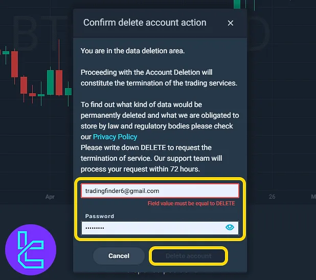 SimpleFX delete account confirmation panel