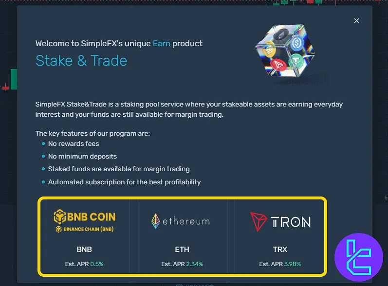 SimpleFX staking panel for crypto-based rewards