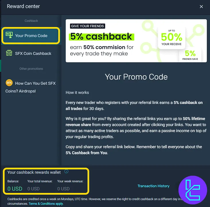 SimpleFX promo center with referral income tools in the panel