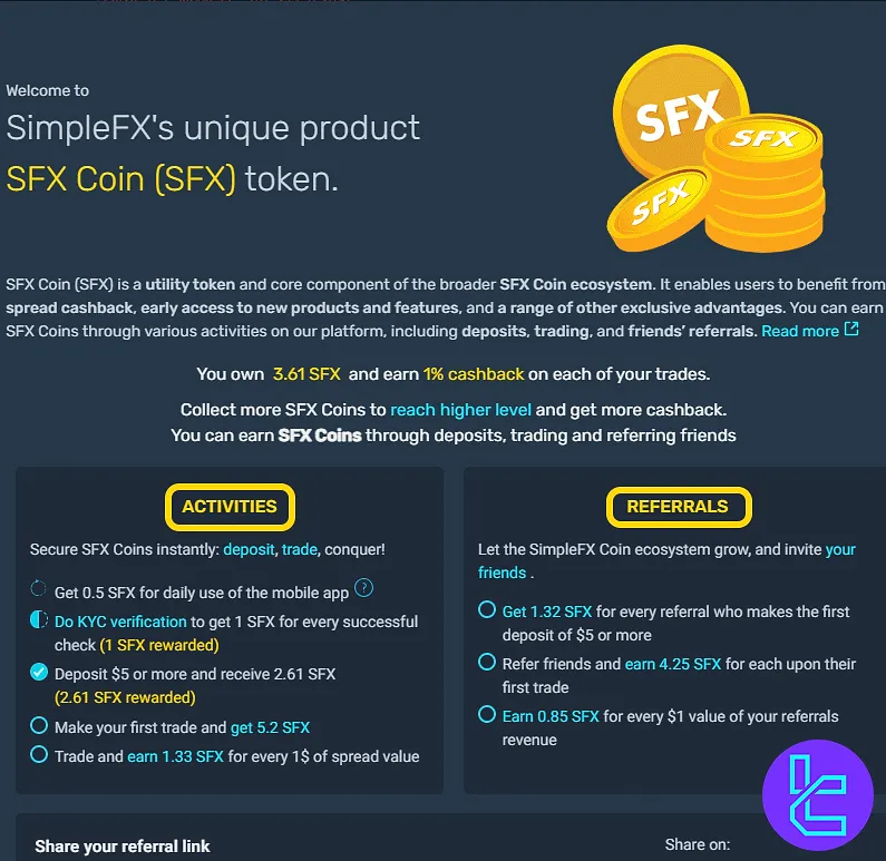 SimpleFX token utility and earning progress panel