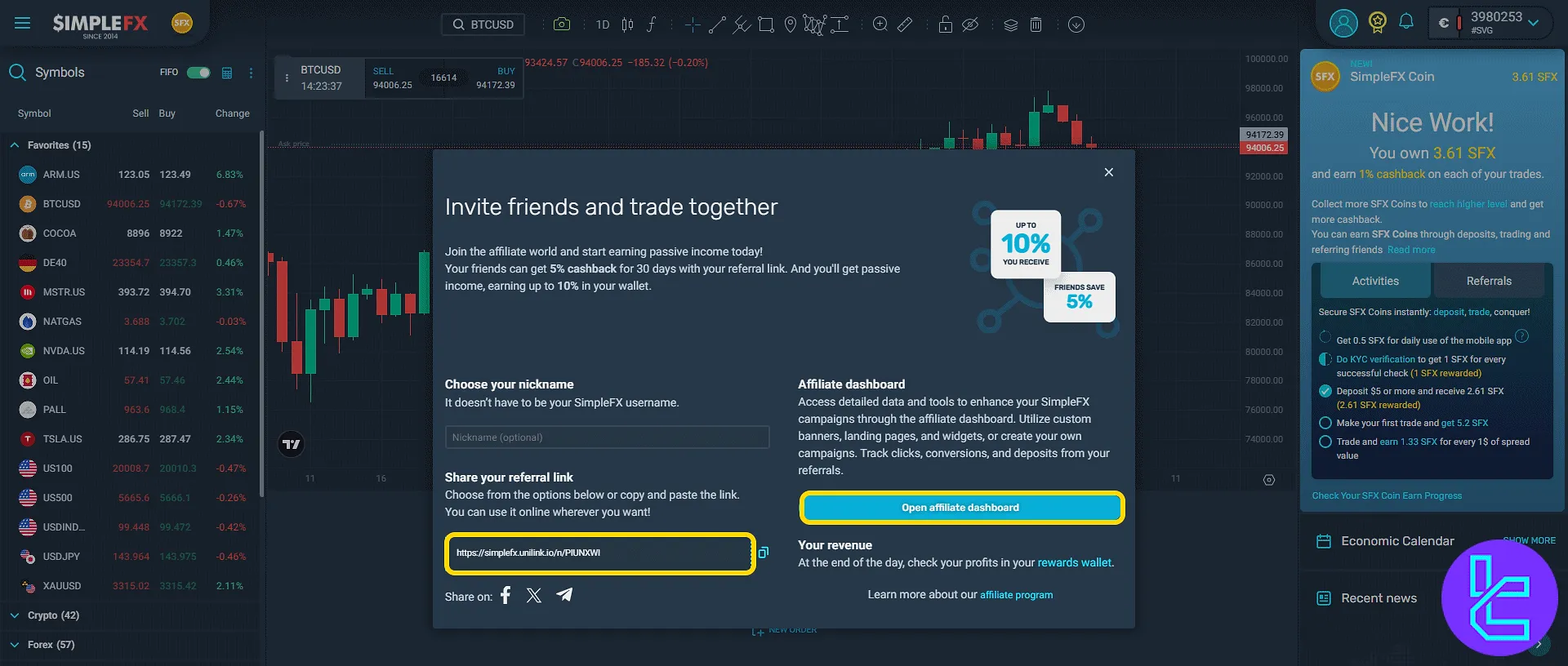 SimpleFX affiliate program tools and invite links in the main panel