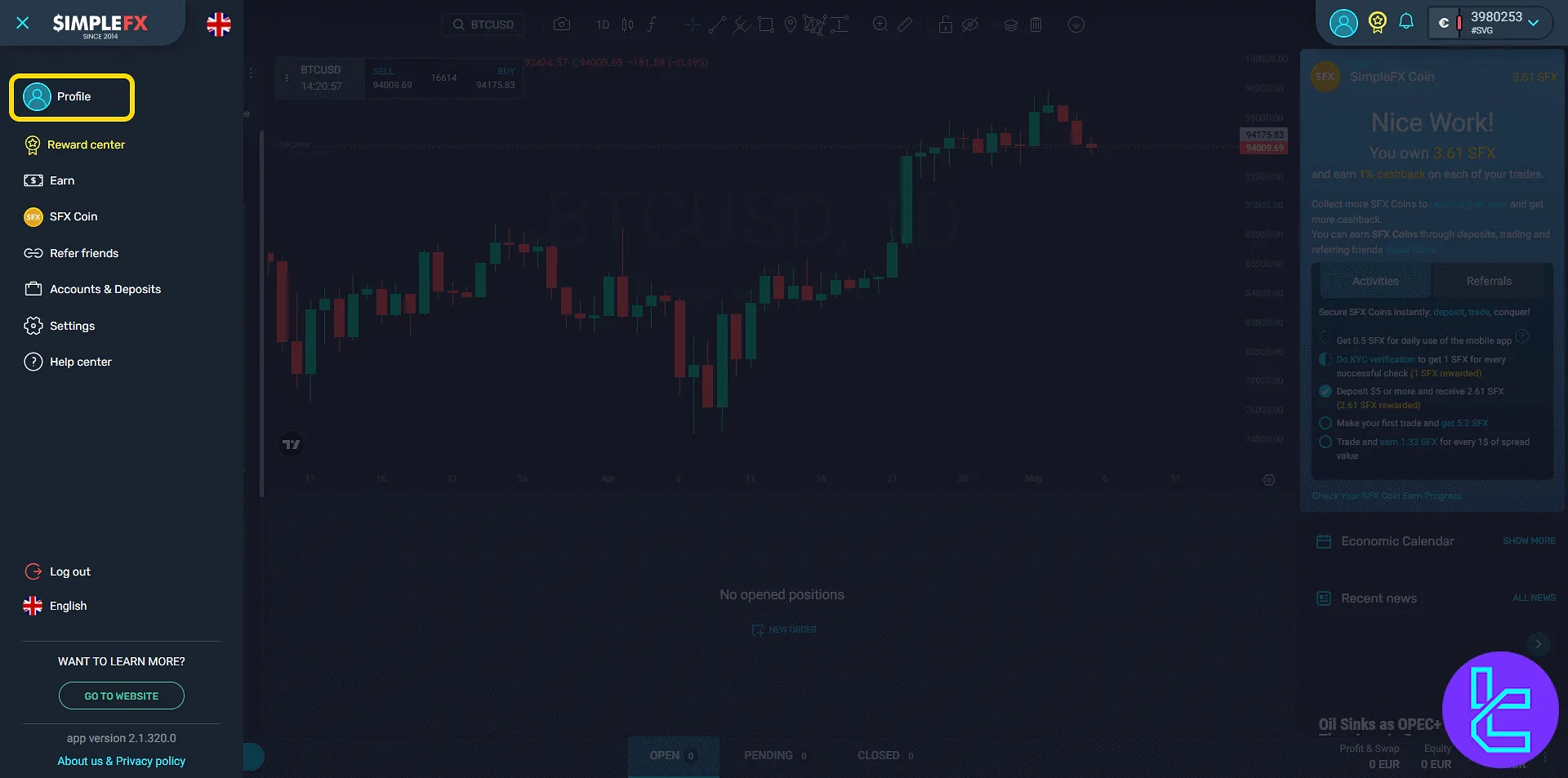 SimpleFX main menu with account and platform tools in the panel