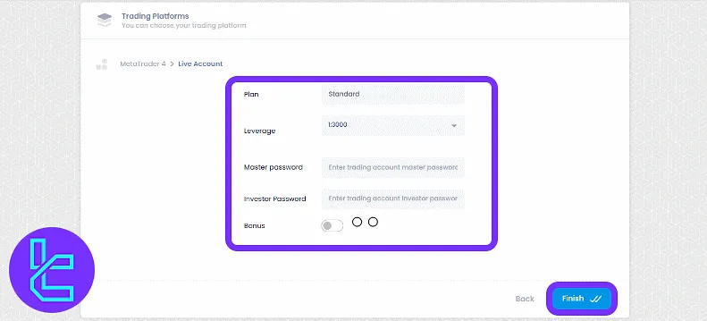 FxGlory new account setup form interface through the panel