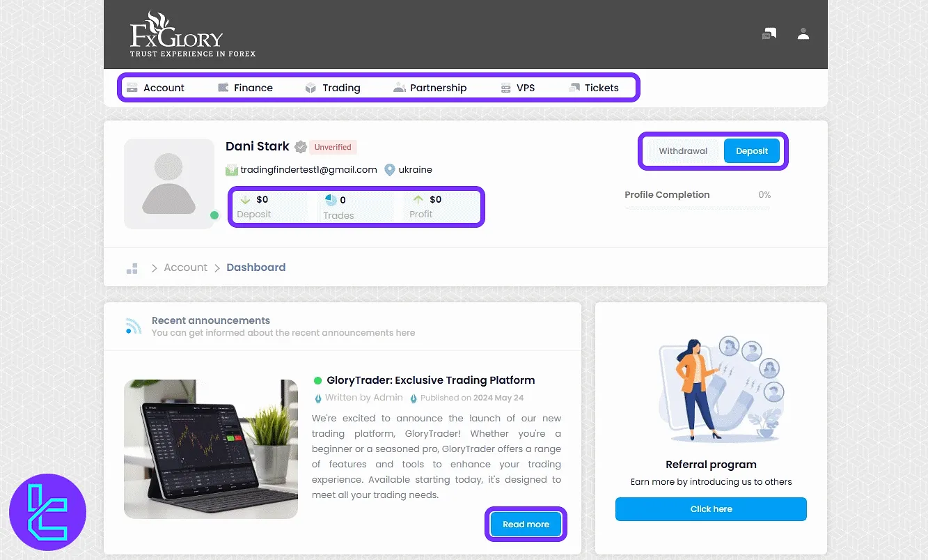 FxGlory user homepage with account snapshot and key shortcuts