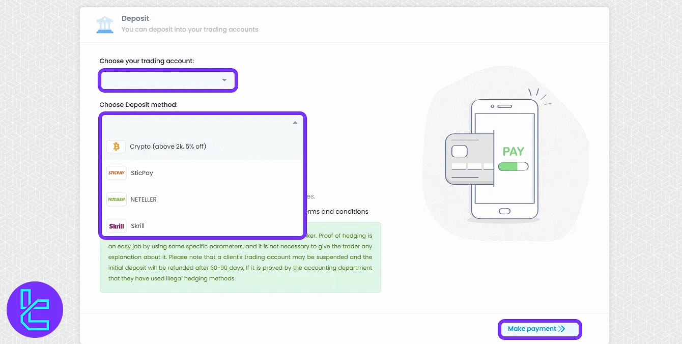 FxGlory deposit method selection and account input form in the panel