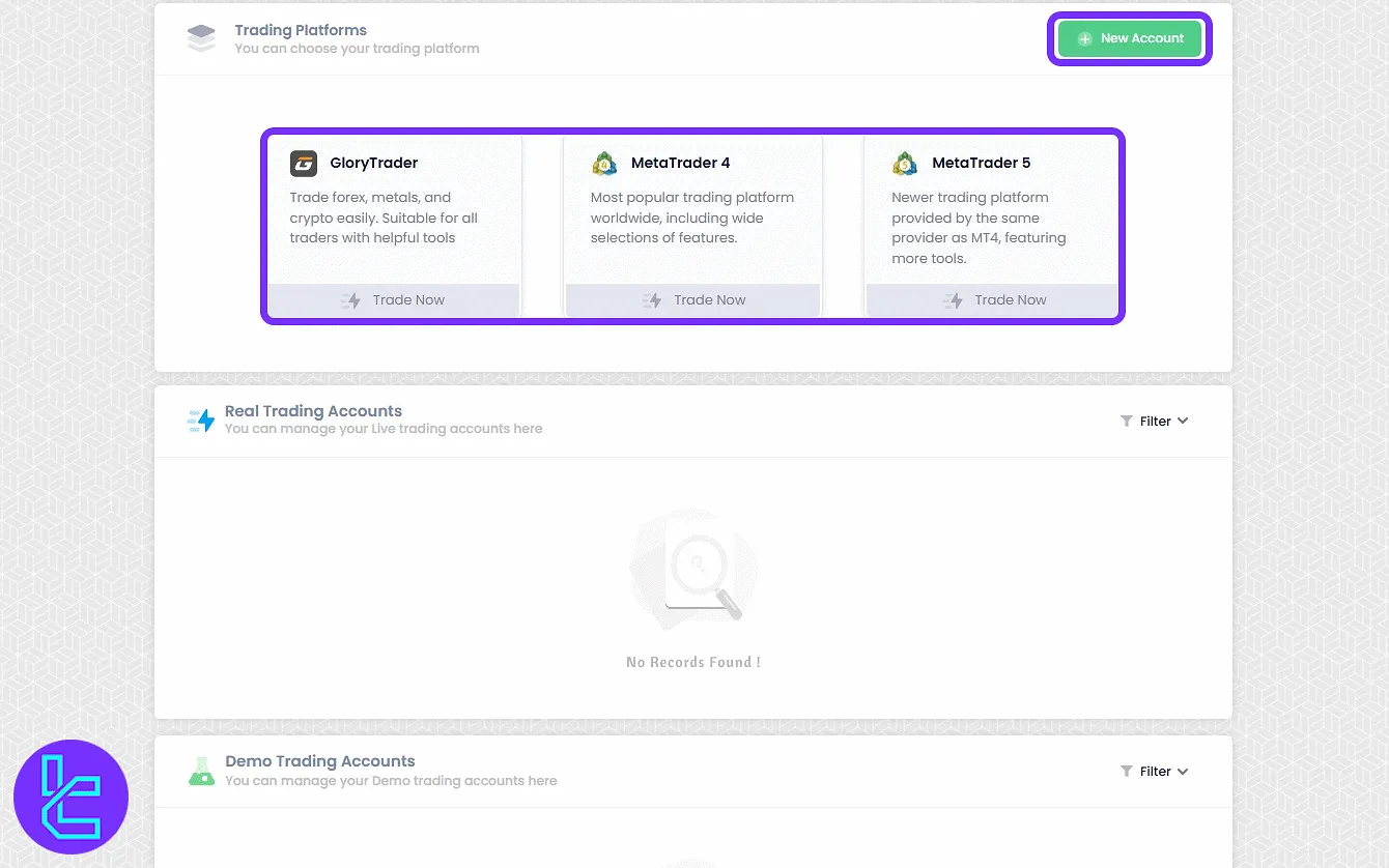 FxGlory account overview with platform options in the trading cabinet