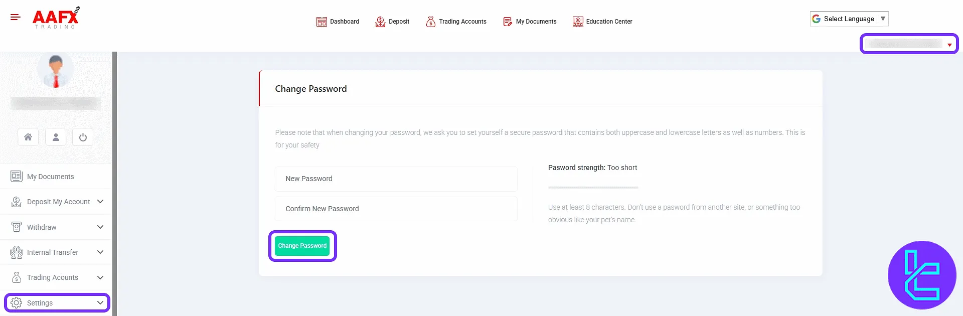 AAFX password update panel