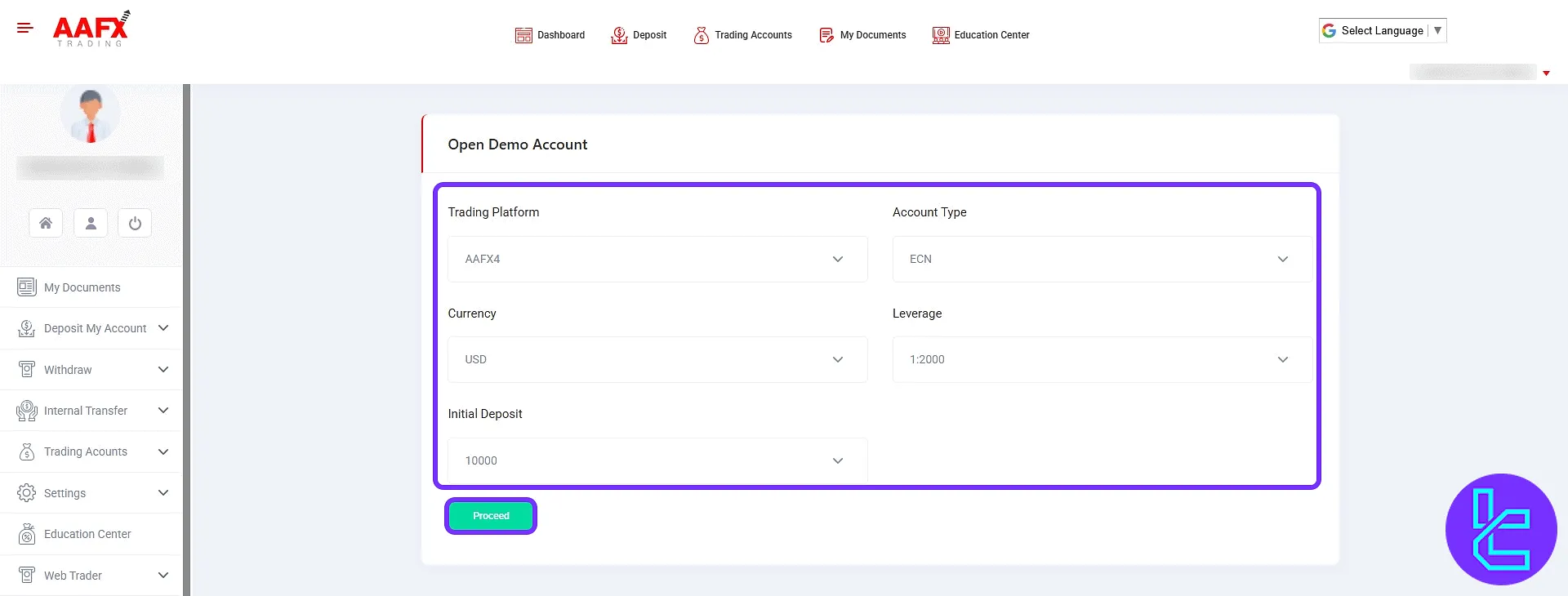 AAFX new account creation form in the panel