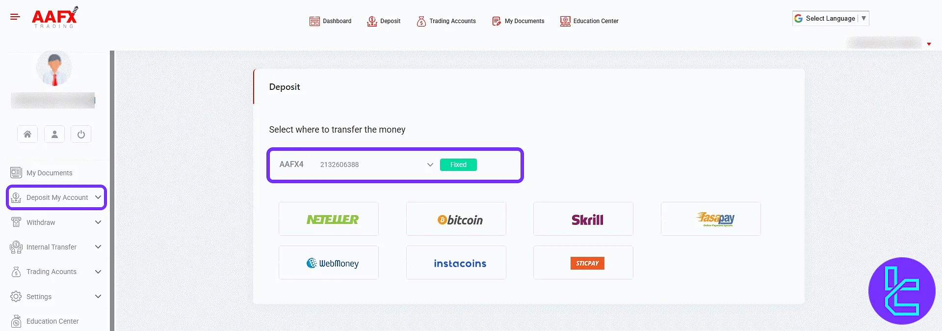 AAFX deposit panel with payment method selection