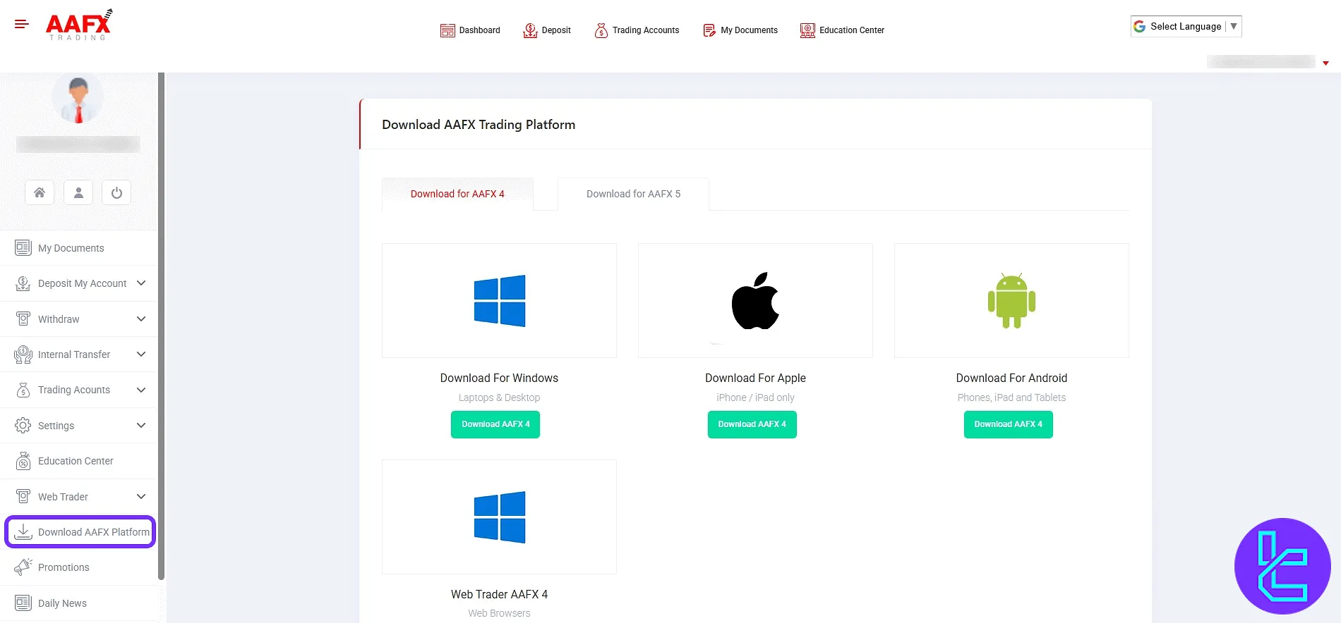 AAFX platform download center for all devices in the panel