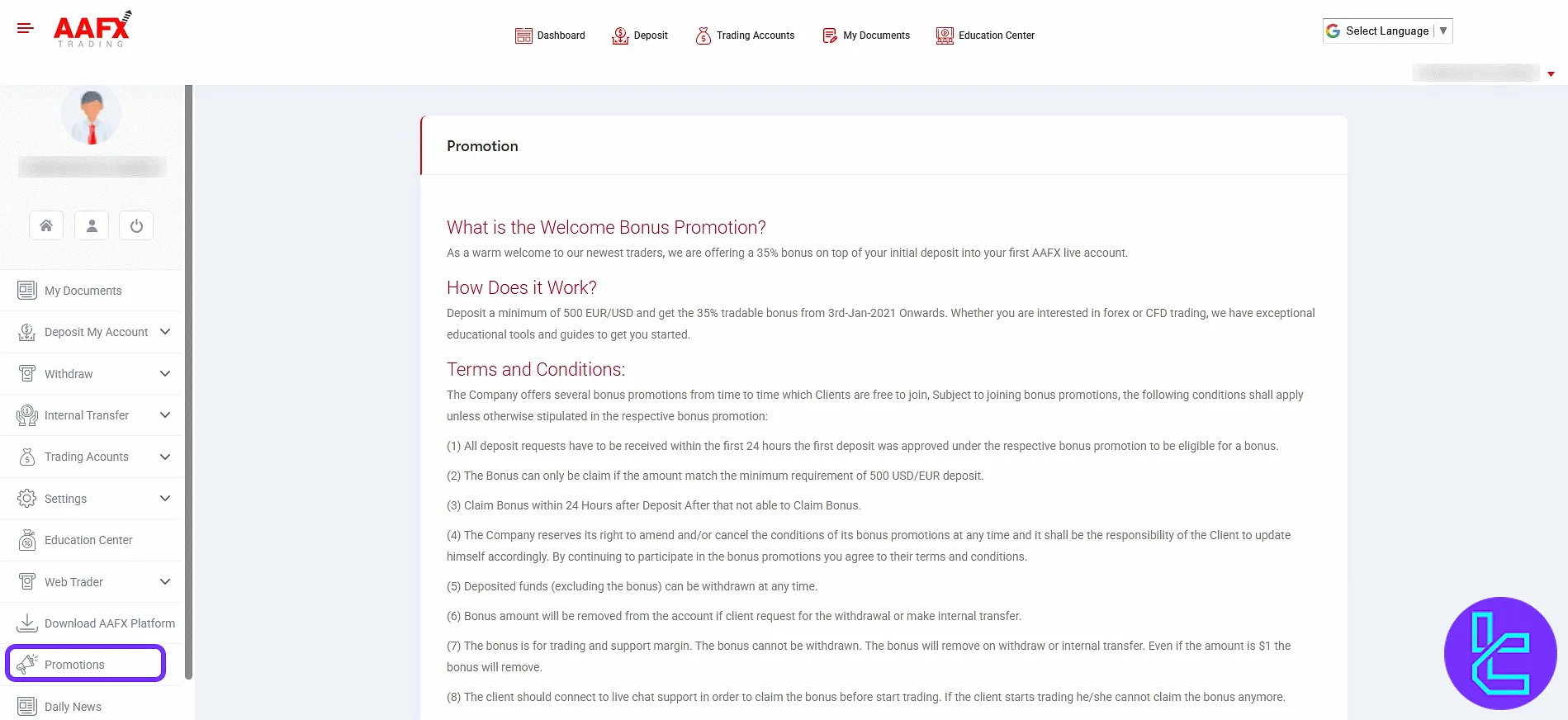 AAFX trading bonus and promo terms section in the trading cabin