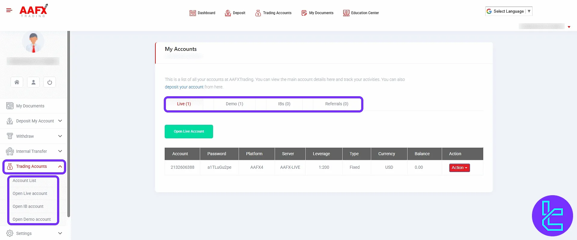 AAFX trading accounts panel with live/demo account tabs