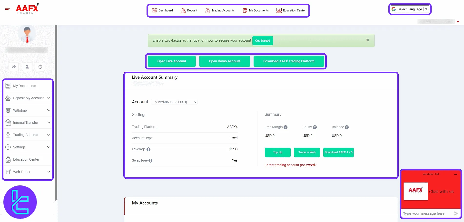 AAFX user area layout and trading features on the home page