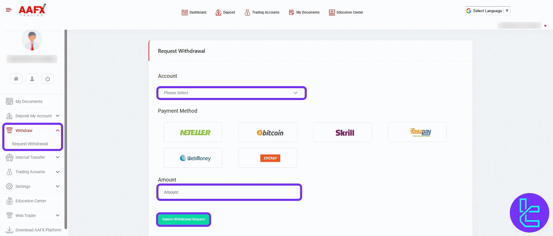 AAFX withdrawal form and method selection in the user panel