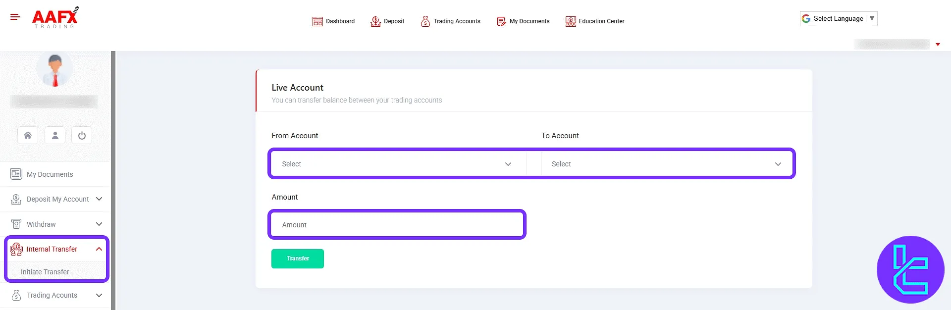 AAFX balance transfer form between accounts in the trading cabin