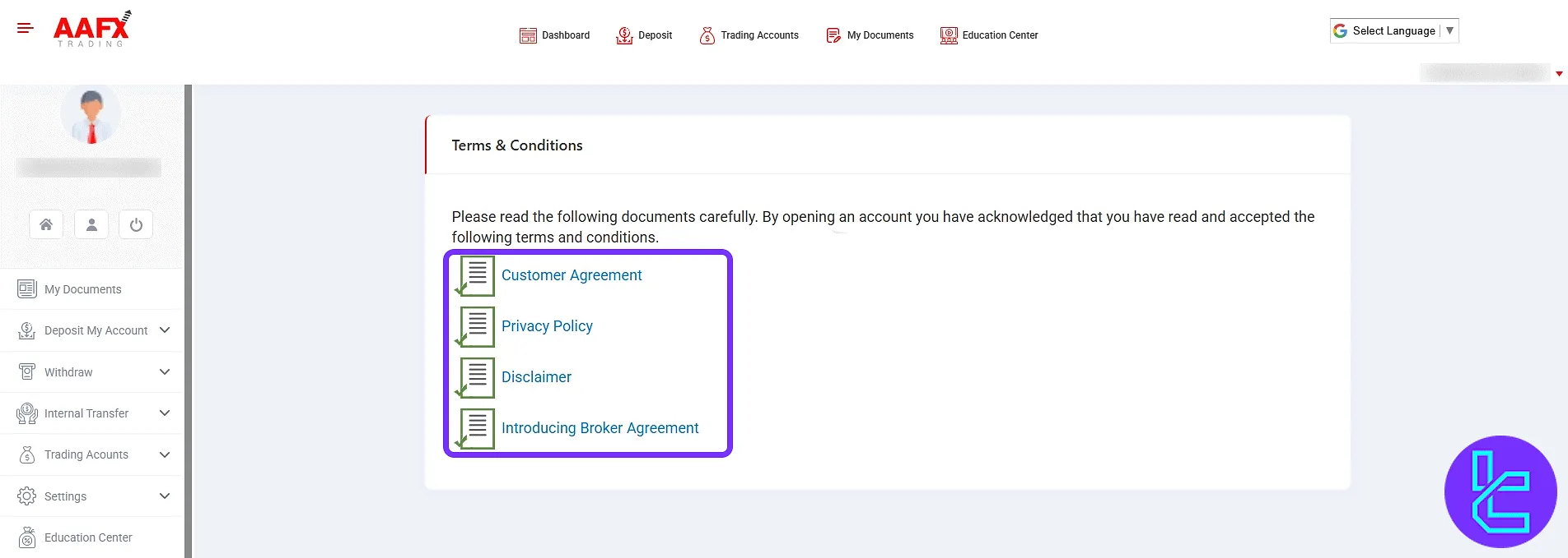AAFX official policy and agreements document list in the trading panel