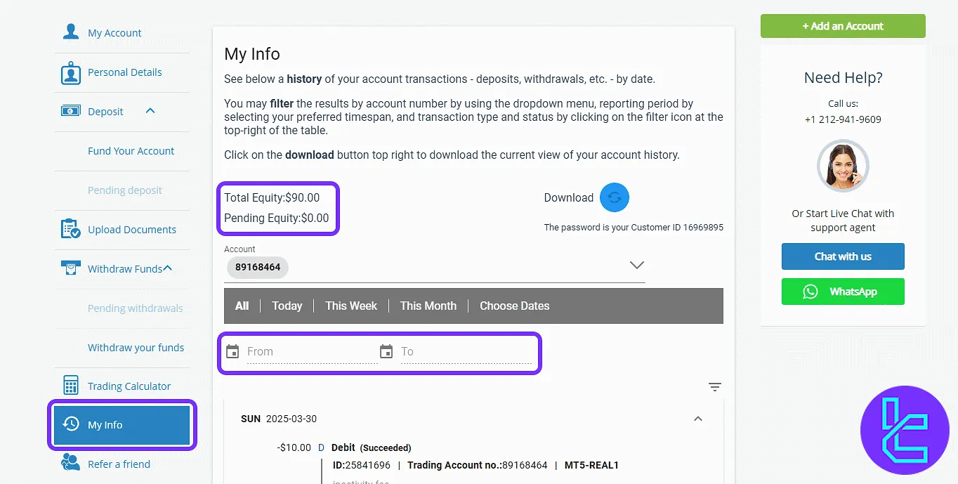 AvaTrade transaction history and filters section in the user’s panel