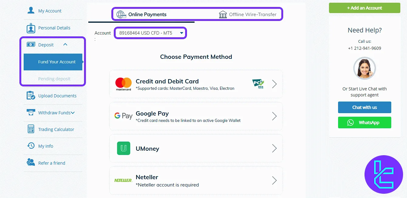AvaTrade funding panel with online and offline payment options
