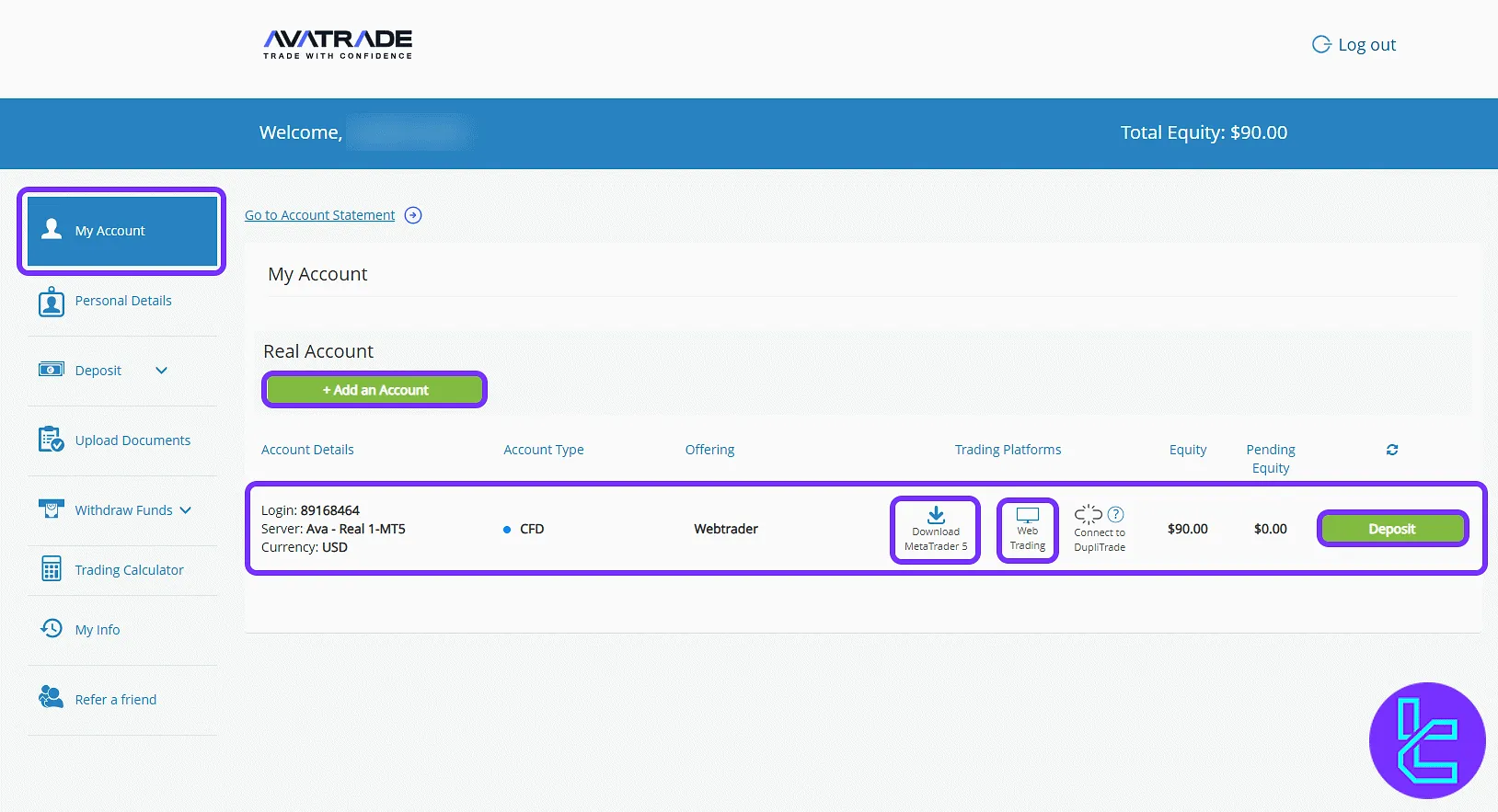 AvaTrade account management section and trading tools in the dashboard