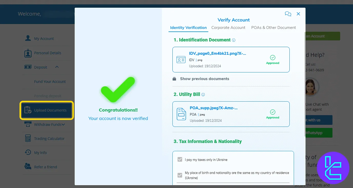 AvaTrade document verification upload panel