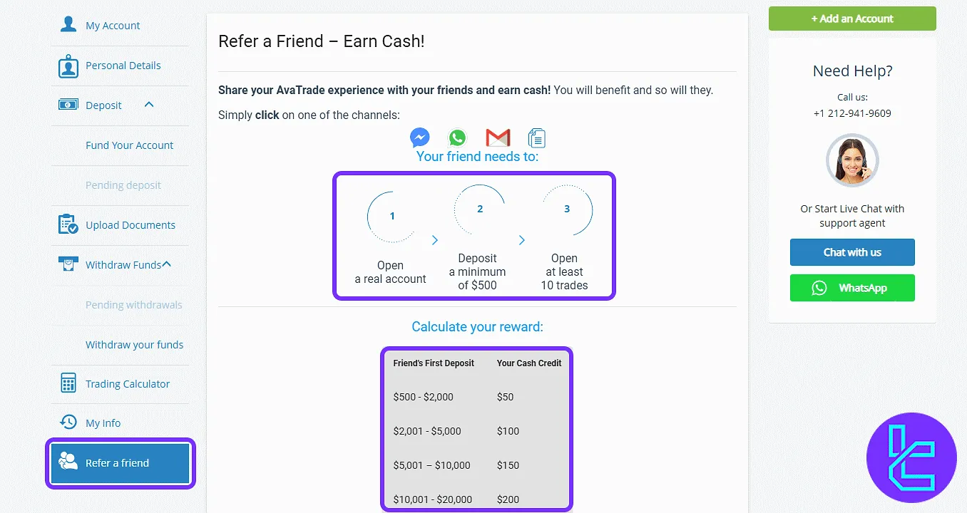 AvaTrade referral program conditions and bonuses in the trading panel